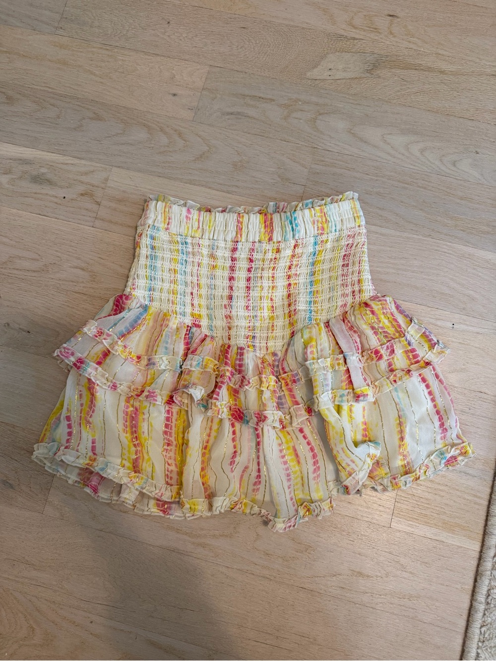 HEMANT & NANDITA Yellow Striped Smocked Ruffle Mini Skirt